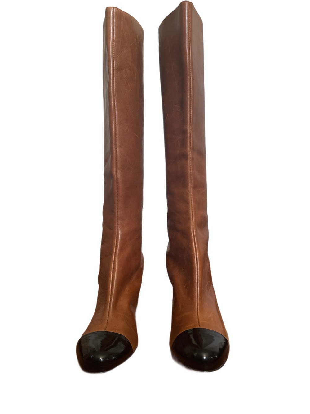Steven By Steve Madden Brown Leather Boots with Black Patent Toe size 10